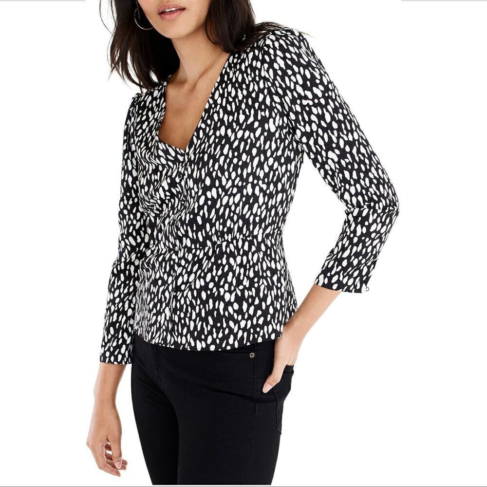 J Crew Leopard Peplum satin crepe top shirt blouse black white spotted puffed 4